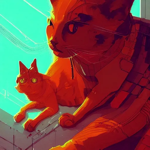 Prompt: cyberpunk orange cat by atey ghailan, by greg rutkowski, by greg tocchini, by james gilleard, by joe fenton, by kaethe butcher, dynamic lighting, gradient red blue, brown, blonde cream and white color scheme, grunge aesthetic