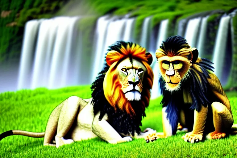 Image similar to two animals : a lion and a monkey, sitting in a meadow with a waterfall in the background, many details, high quality, 8 k