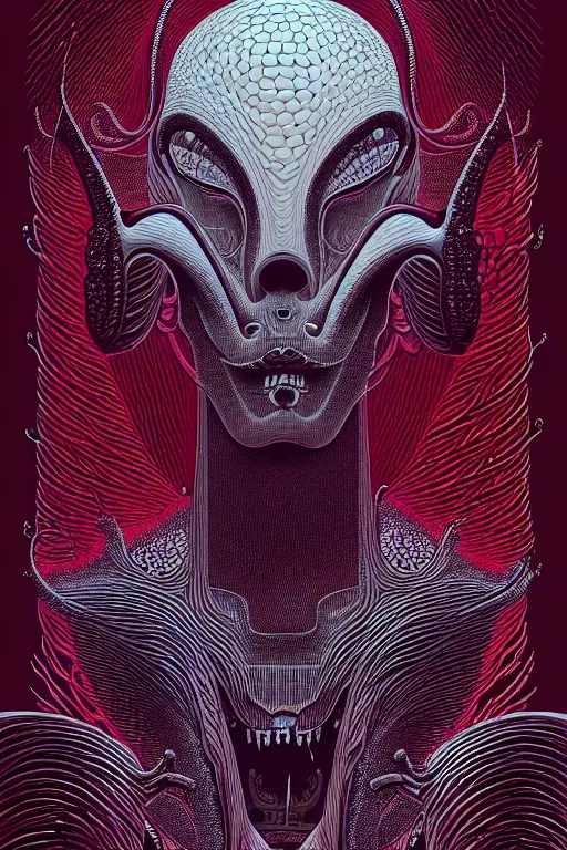 Prompt: biomechanical demon portrait by nicolas delort, moebius, victo ngai, josan gonzalez, kilian eng