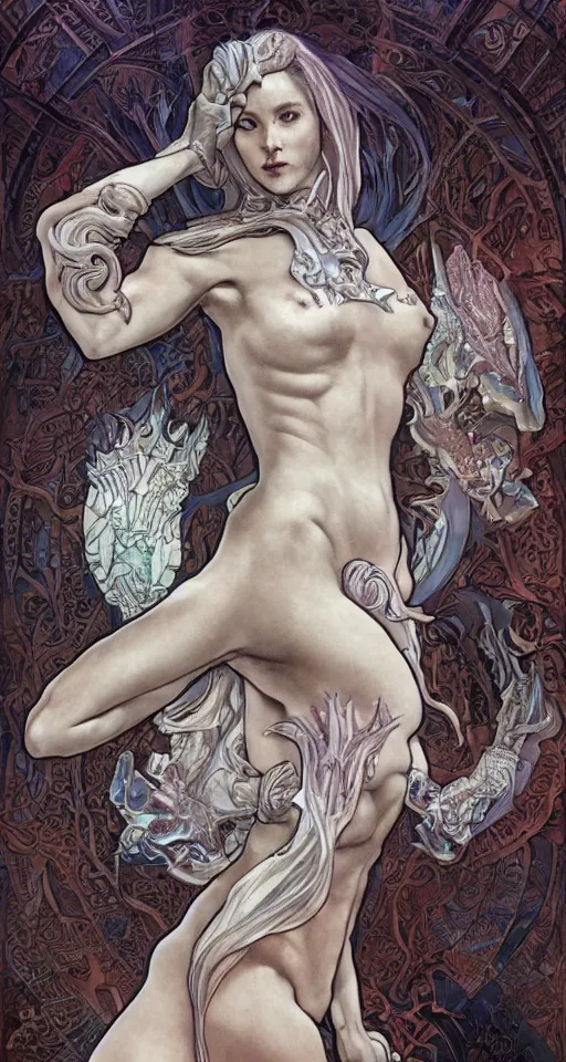 Image similar to 3/4 body portrait of the firedragon quee by artgerm and H R Giger and alphonse mucha, Dragon in dragon lair, HD, full body dragon concept, flying dragon, Human body with dragon features, beautiful queen, perfect face, fantasy, intricate, elegant, highly detailed, digital painting, artstation, concept art, smooth, sharp focus, illustration, ray tracing, 4k realistic 3d rendered portrait, soft shading, soft colors, relaxed colors, hyperdetailed, wide angle lens, fantasy, futuristic horror, armor style of giger