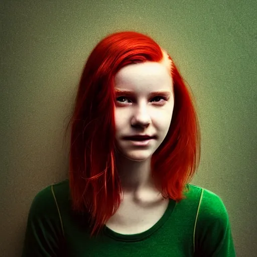 Prompt: a fantastic portrait photograph of a smiling girl with red hair and green eyes by Alessio Albi, symmetrical face, artstation, deviantart, hyperrealism