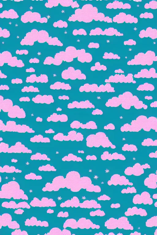 Image similar to repeating seamless retro pixel pattern of pink fluffy clouds in a pretty sky, grain, noise, bold, KDP, colourful, symmetrical, repeating 35mm photography, ultra fine detail, 4k high definition, bold