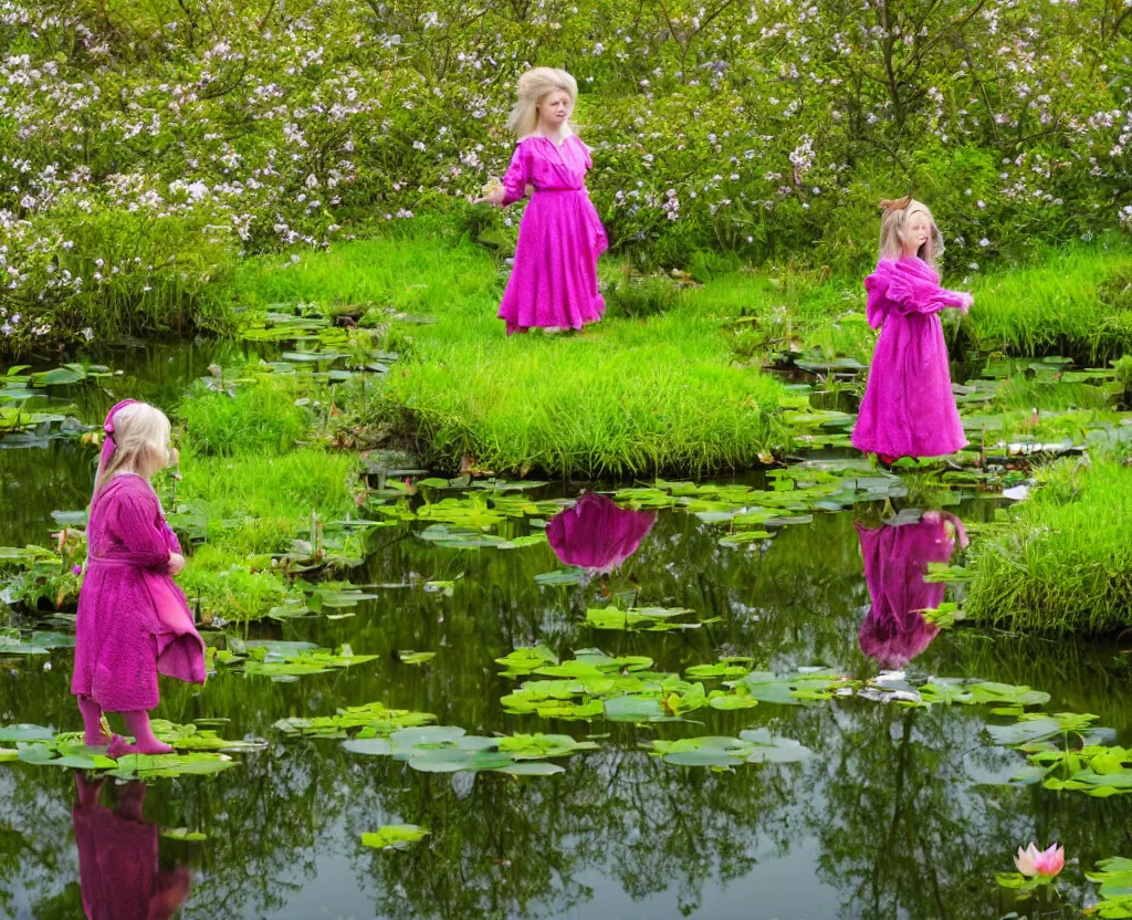 Prompt: a hobbit girl backlit carrying flowers near a mirror like pond, by martin parr, colorful clothing, springtime flowers and foliage in full bloom, lotus flowers on the water, dark foggy forest background, sunlight filtering through the trees, 3 5 mm photography