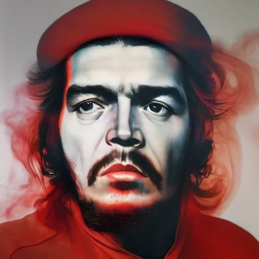 Image similar to colour masterpiece surreal closeup portrait photography of che guevara by miho hirano and annie leibovitz and michael cheval, red and white smoke background, 8 k