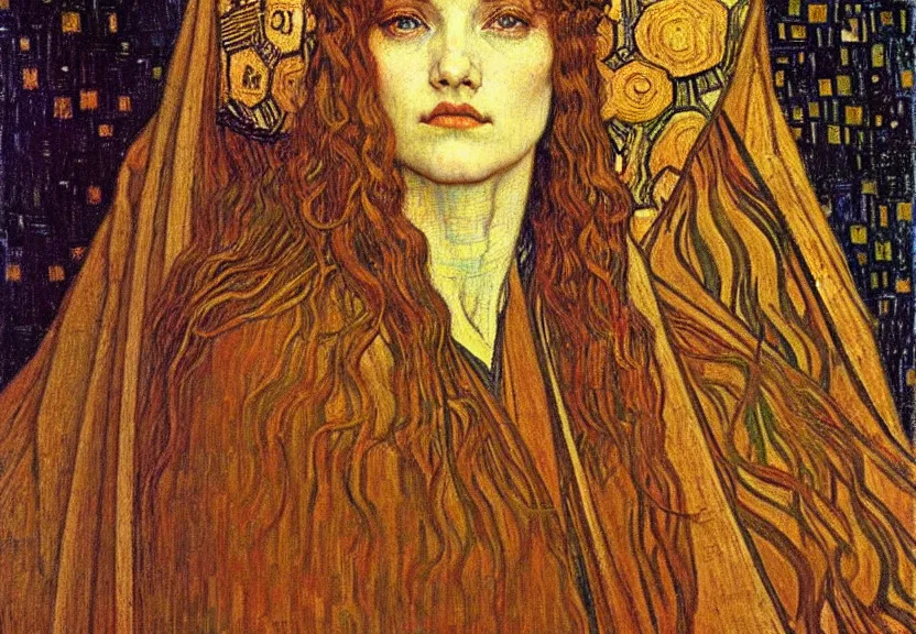 Image similar to detailed realistic beautiful young medieval queen face portrait by jean delville, gustav klimt and vincent van gogh, art nouveau, symbolist, visionary, gothic, pre - raphaelite, muted earthy colors, desaturated