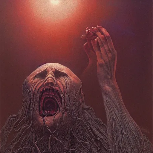 Image similar to Existential cosmic despair, screaming and crying, window into the hopeless soul, by Gerald Brom and Zdzisław Beksiński, trending on artstation, 8k, highly detailed