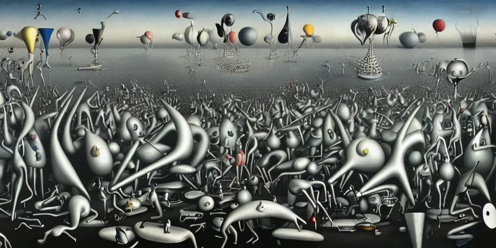 Prompt: disease decimating a global population, animals ruling the world, detailed surrealist painting by yves tanguy