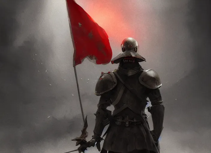 Image similar to empty world, knight with old red flag, ashes around, volumetric lighting, digital painting, highly detailed, artstation, sharp focus, illustration, concept art, ruan jia, steve mccurry, amazing composition, gothic arch frame