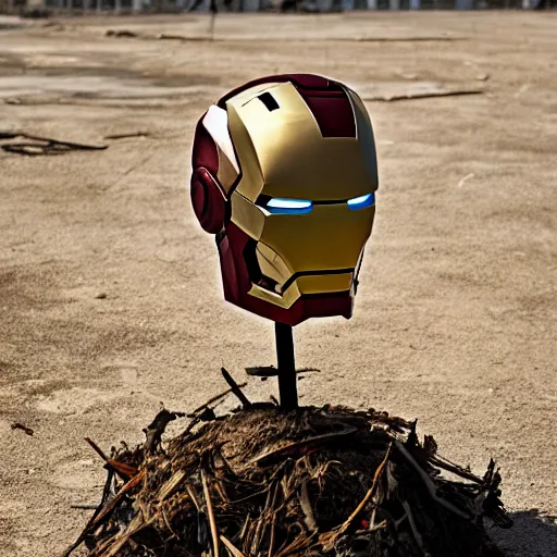 Prompt: Iron Man helmet standing on a pile of debris, dusty, broken, post-apocalyptic, mist