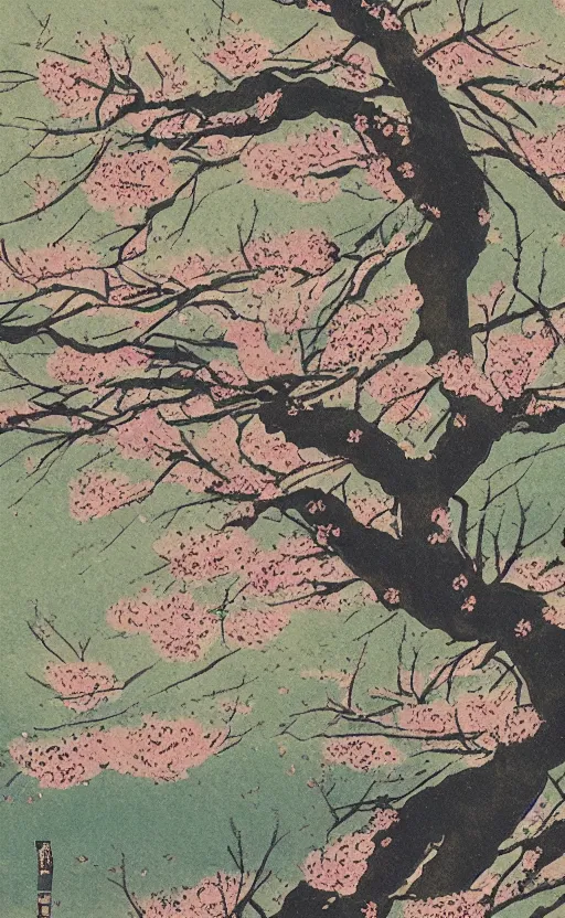 Prompt: by akio watanabe, manga art, cherry blossoms falling, a tree on a hill, trading card front