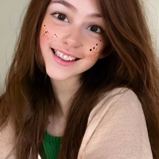 Image similar to Photograph of April, a cute 3D young woman, long shiny bronze brown hair, full round face, green eyes, medium skin tone, light cute freckles, light blush, smiling softly, wearing casual clothing, interior lighting, cozy living room background, medium shot, mid-shot, hyperdetailed, hyperreal, trending on Artstation, Unreal Engine, 4k,