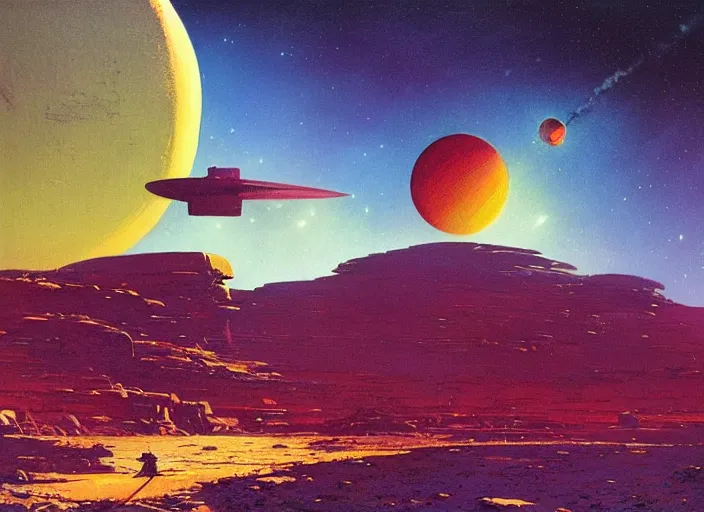 Prompt: a brightly - coloured spacecraft in a stunning landscape by martin deschambault, dean ellis, peter elson, josan gonzalez, david a hardy, john harris, wadim kashin, angus mckie, moebius, bruce pennington, 1 9 7 0 s sci - fi art