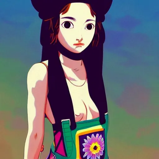 Image similar to a beautiful young japanese natalie portman alluring gravure model, stylized concept art, wearing elegant designer overalls, elegant overalls with mesoamerican patterns, mesoamerican native street fashion, princess mononoke, painted by jamie hewlett and ashley wood and mike mignola, aesthetic, gorgeous, stunning, alluring, attractive, artstation, pinterest, digital art