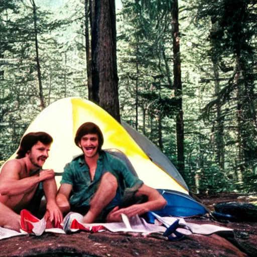 Prompt: gay couple camping together in the 7 0 s