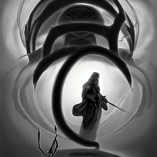 Image similar to the mage,painted by Patrick J. Jones and Jim McDermott and Daniel Simon and Hector Garrido,trending on artstation, cubic lighting fish eye,black and white,naturalism ,optical illusion