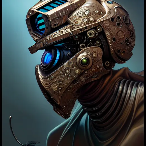 Image similar to front shot of a cyberpunk gazmask robot character, intricate, elegant, highly detailed, centered, digital painting, artstation, concept art, smooth, sharp focus, illustration, artgerm, Tomasz Alen Kopera, Peter Mohrbacher, donato giancola, Joseph Christian Leyendecker, WLOP, Boris Vallejo