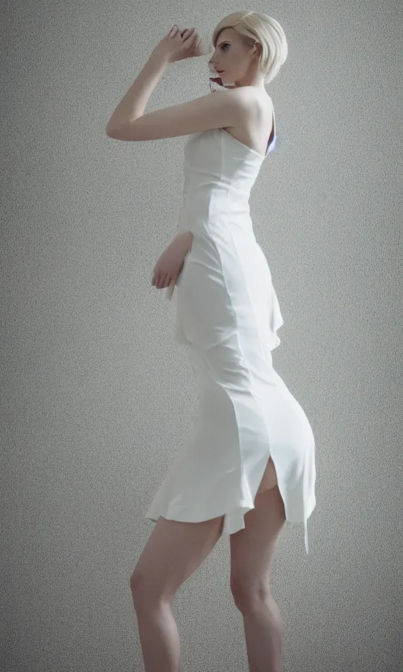 Image similar to photo of gorgeous seductive tall emily skinner cosplaying annie leonhart wearing open toe heels, wearing tight white dress, in a white room, beautiful face, pale skin, rule of thirds, cinematic lighting, sharp focus, backlit, stunning, smooth, hard focus, full body shot, studio photo, shot on sony a 7 iii