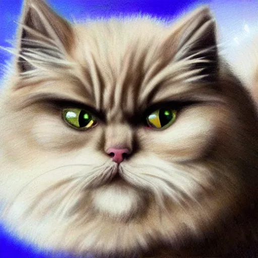Image similar to a hyper realistic portrait of the persian cat. the persian cat has a determined expression and is holding a bazooka. highly detailed and trending on art station.