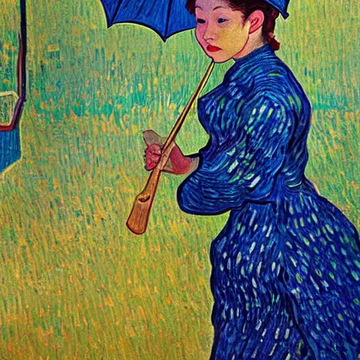 Image similar to girl with an umbrella girl with an umbrella. a walk inside a van gogh painting is a starry night. inside the painting. see everything from the inside. clearly detailed. dramatic.