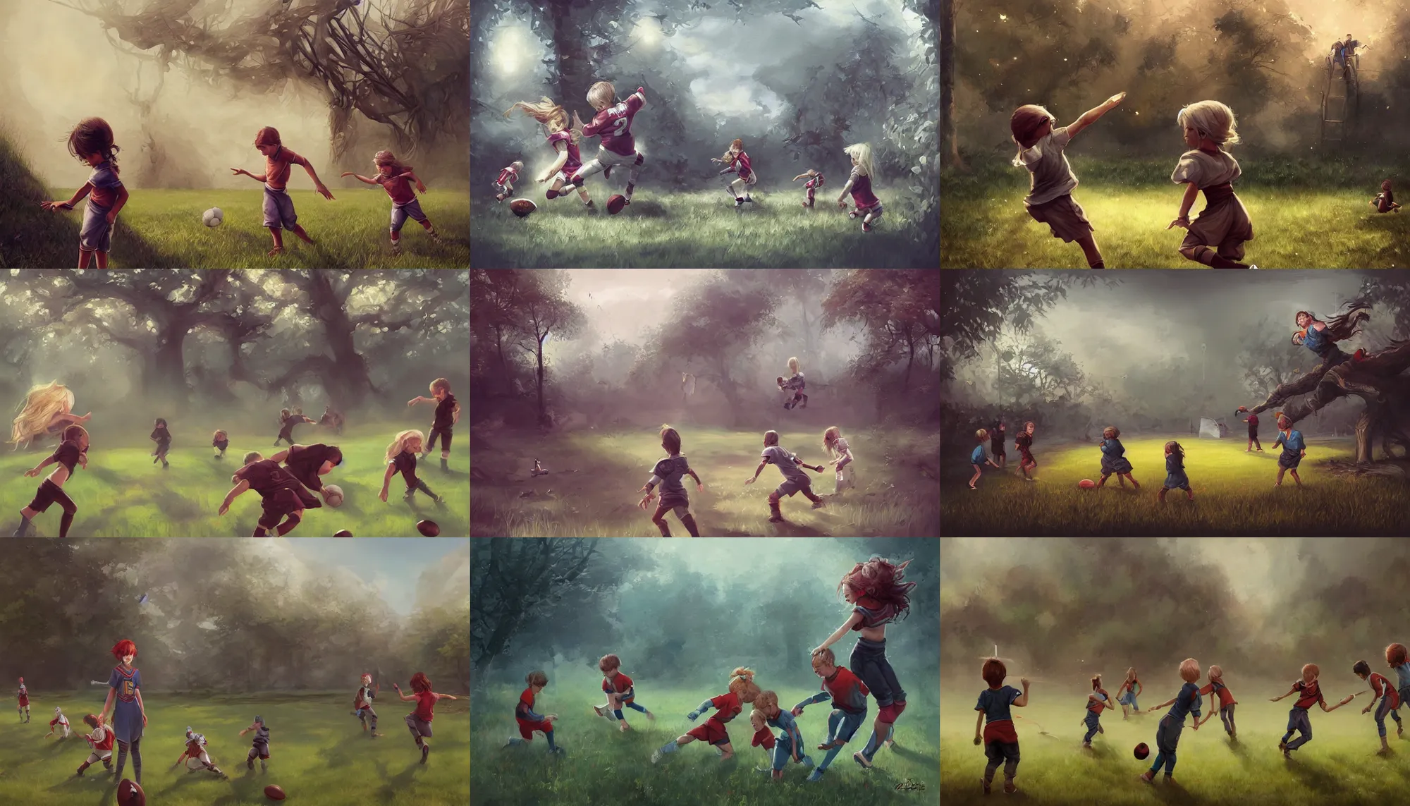 Prompt: fantasy painting of backyard football field with a pair of playing children, wide shot, digital painting, intricate details, trending on artstation, art by charlie bowater and artgerm