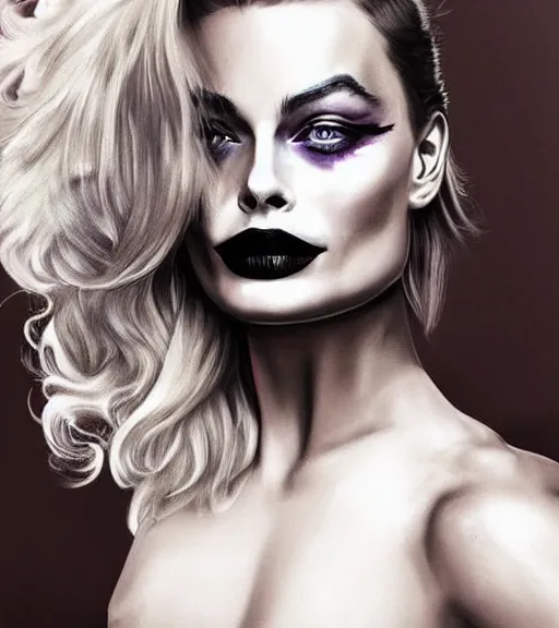 Image similar to tattoo design sketch of beautiful margot robbie portrait with joker makeup, in the style of den yakovlev, realistic face, black and white, realism tattoo, hyper realistic, highly detailed