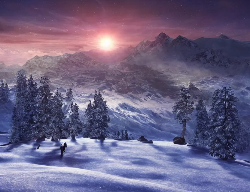 Image similar to fully photorealistic hdr eclipse at sunrise on snowy aurora dramatic mountaintop, distant glowing figures, masterpiece composition, art by john collier, albert aublet, artem demura, alphonse mucha, sharper luminescent focus, nd 6, hdr, movie still, cinematic diffuse lighting, artstation, textless, sharp focus