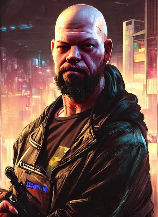 Image similar to portrait of Ivan moody as a homeless character in Cyberpunk 2077, looking at camera, intricate, dystopian, sci-fi, extremely detailed, digital painting, artstation, concept art, smooth, sharp focus, illustration, intimidating lighting, incredible art by artgerm and greg rutkowski and alphonse mucha and simon stalenhag