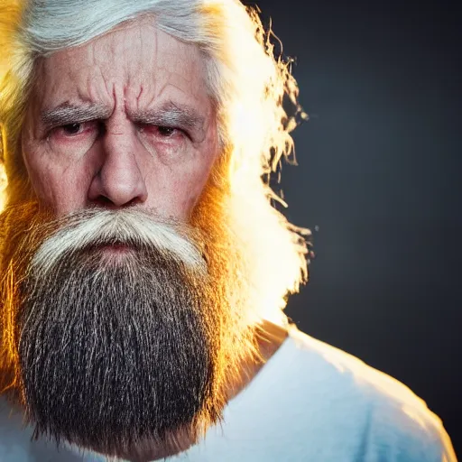 Image similar to scowling angry old wizard with a long white beard casting a spell, Tones of Black in Background, Golden Hour, Field of View, 2 Megapixels, 4-Dimensional