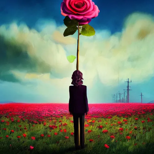 Prompt: portrait, giant rose flower head, girl in a suit, surreal photography, sunrise, blue sky, dramatic light, impressionist painting, digital painting, artstation, simon stalenhag