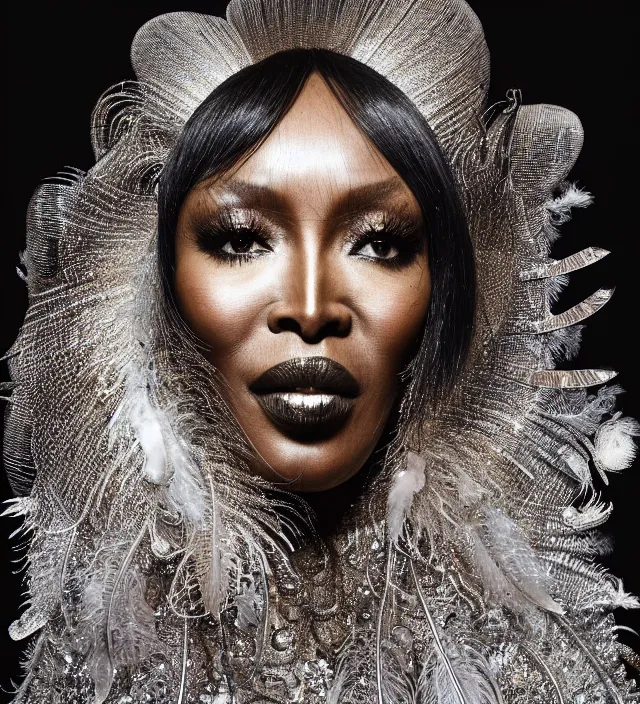 Prompt: photography face portrait of naomi campbell, natural pose, natural lighing, wearing a ornate transparent and metallic costume with feathers and cloth convolutions by iris van herpen, highly detailed, smooth, sharp foccus, artstation hq, skin grain detail, high detail, photography by by paolo roversi, creativity in fashion design