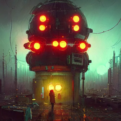 Image similar to A beautiful painting of cyberpunk beholder by Paul Gustav Fischer and Simon Stålenhag and John Atkinson Grimshaw, character concept art, matte painting, heavy metal magazine, trending on artstation. dynamic lighting, raytracing, unreal engine