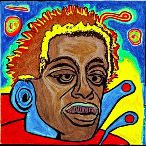 Image similar to miles davis in the style of daniel johnston, outsider art