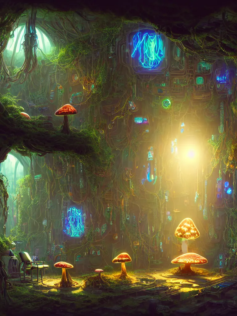 Image similar to the interior of a celestial cyberpunk cottage in a bioluminescent tree trunk decorated beautifully, lots of cyberpunk design elements like gigantic toadstool mushrooms and robots, warm sunlight shining in, lots of plants and cables, concept art 8 k resolution, fantasy illustration, sharp focus, detailed painting, deep color, volumetric lighting, crepuscular rays