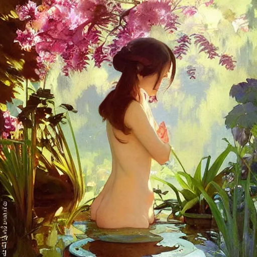 Prompt: “ a beautiful orchid goddess in an ethereal garden, shimmering sun rays between trees, washing her foot in a pond and staring at her reflection in the water with an evil smirk, krenz cushart, mucha, ghibli, by joaquin sorolla rhads leyendecker, by ohara koson ”