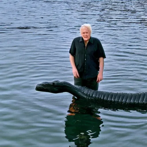 Prompt: Sir David Attenborough at a lake, with Loch Ness Monster Nessie plesiosaur in the water