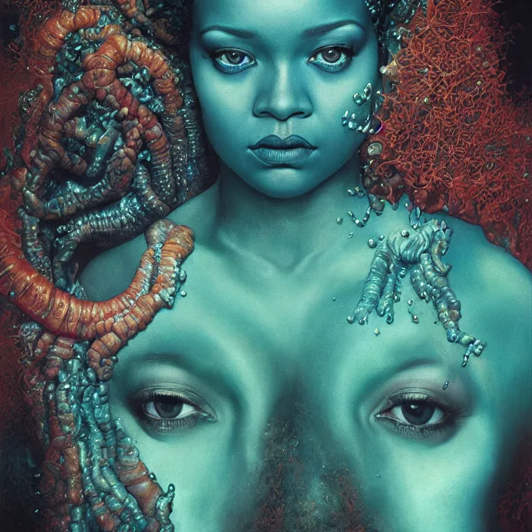 Image similar to Hyperrealistic intensely colored close up studio Photograph portrait of a deep sea bioluminescent Rihanna, symmetrical face realistic proportions eye contact, sitting in Her throne underwater, award-winning portrait oil painting by Norman Rockwell and Zdzisław Beksiński vivid colors high contrast hyperrealism 8k