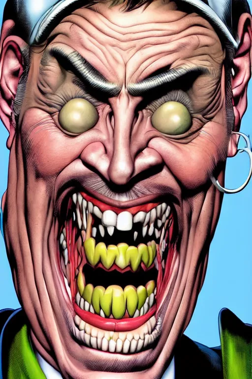 Prompt: digital portrait of a laughing psychotic man by brian bolland, rachel birkett, alex ross, and neal adams | centered, deviantart, artgerm