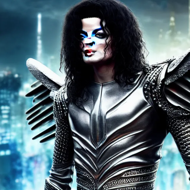 Image similar to beautiful!! futuristic cyberpunk michael jackson angel warrior with ornate slick pearl armor, highly detailed 8 k hdr smooth sharp focus high resolution award - winning photo photorealistic