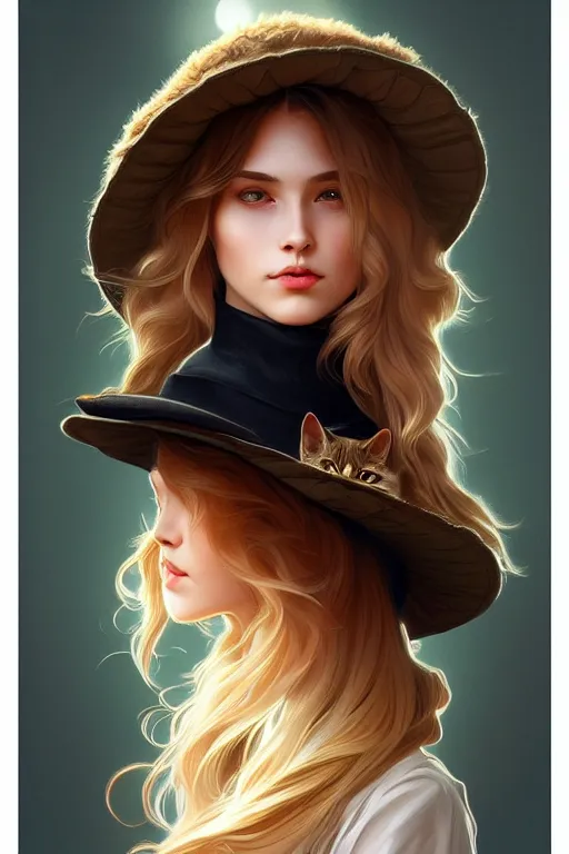 Image similar to symmetry!! girl with siberian cat in a hat!!, intricate, elegant, highly detailed, digital painting, artstation, concept art, smooth, sharp focus, illustration, art by artgerm and greg rutkowski and alphonse mucha, 8 k