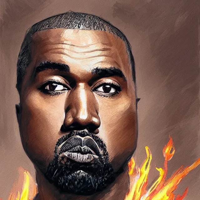 Prompt: Kanye West as a firebender, portrait, elegant, intricate, digital painting, artstation, concept art, smooth, sharp focus, illustration, art by konstantin korovin and Daniel F. Gerhartz and john howe