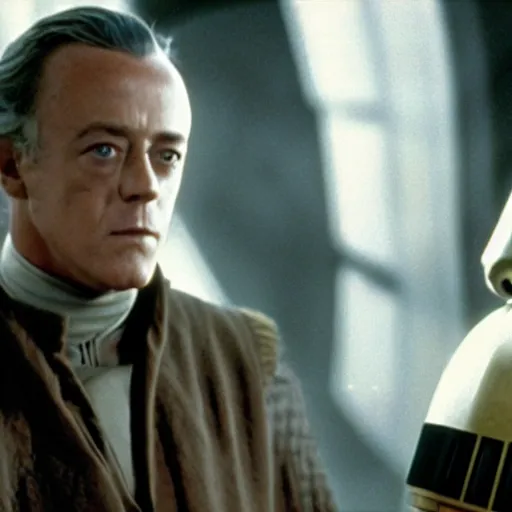 Image similar to film still of young alec guiness as a jedi in new star wars movie, he is talking to a golden droid, dramatic lighting, highley detailled face, kodak film, wide angle shot, photorealistic