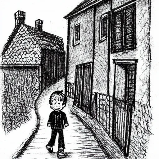 Prompt: rich detailed pencil drawing of little nicholas walking along a lonely village street, by jean - jacques sempe, by rene goscinny