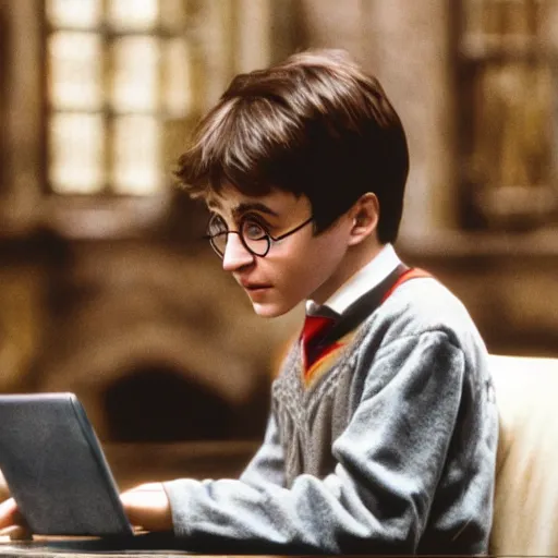 Image similar to Photo of Harry Potter using a computer in Hogwarts