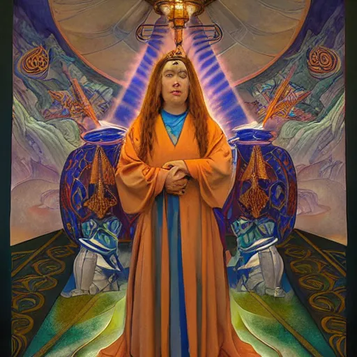 Prompt: queen of the dawn with her lantern and regalia, by donato giancola and nicholas roerich, and ( ( ( ( ( diego rivera ) ) ) ) ), symbolist, tattoos, dramatic lighting, elaborate geometric ornament, art brut, god rays, soft cool colors, smooth, sharp focus, extremely detailed