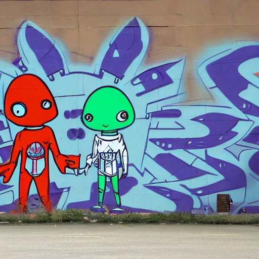 Prompt: friendly alien with starship, graffiti, from a distance, people walking in front, detailed, realistic