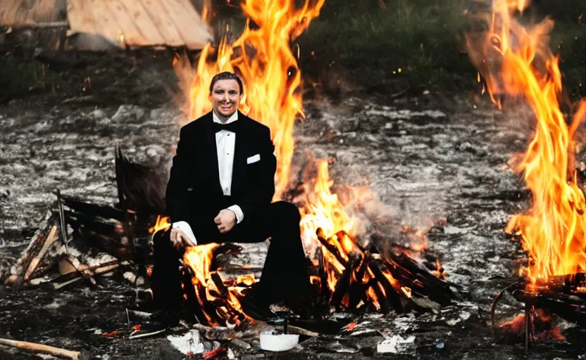 Image similar to a man wearing a tuxedo sitting in the middle of a bonfire