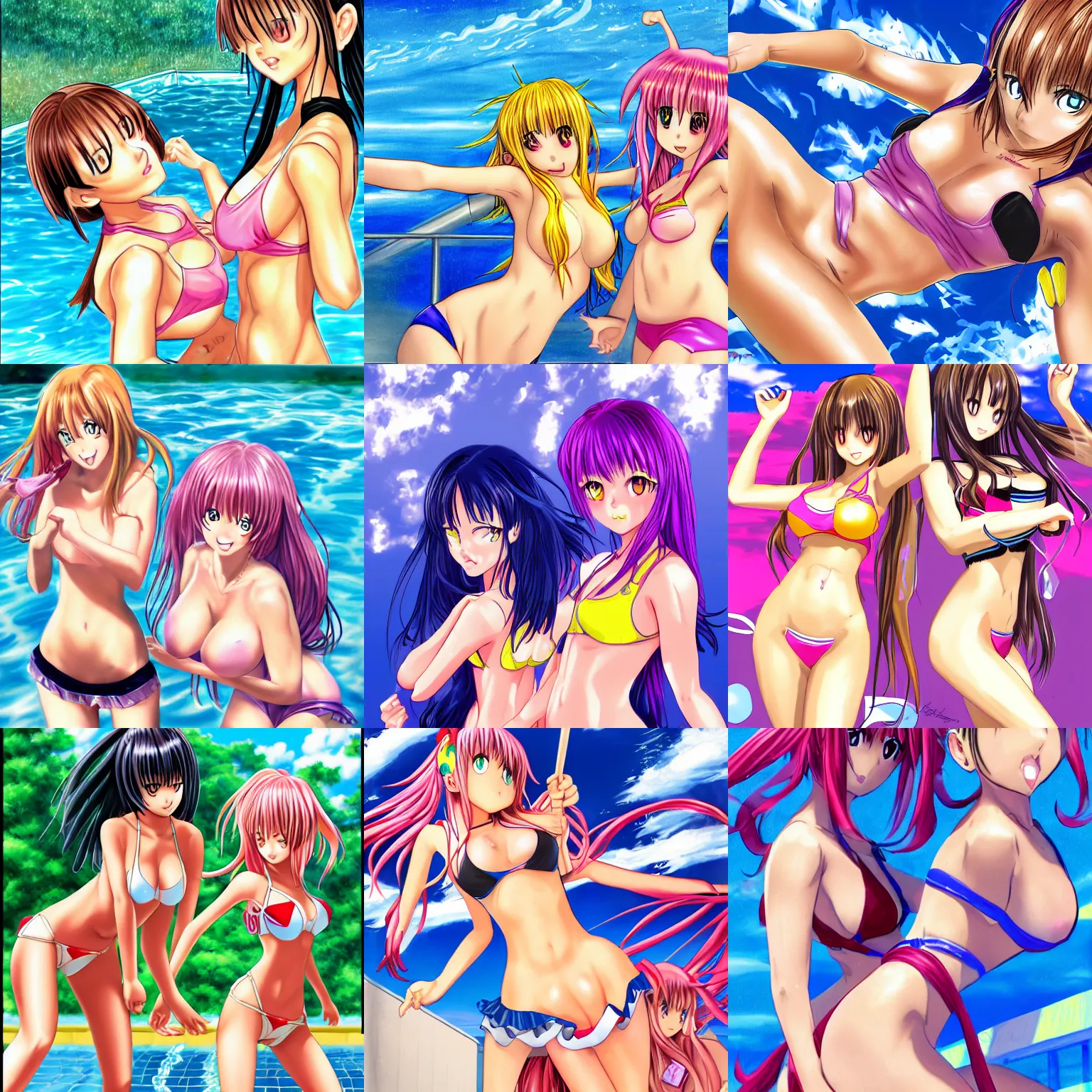 Prompt: An illustration of two teenager girls as ToLoveRu, light skin, playing at swiming pool, japanese high school, digital painting, comic book's cover, highly detailed, sharp focus, uncolored comics, art by Yabuki Kentarou, trending on Pixiv.