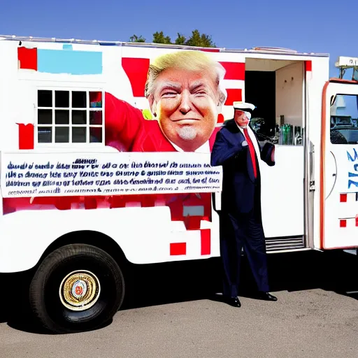 Prompt: donald trump in an ice cream truck giving ice cream to children