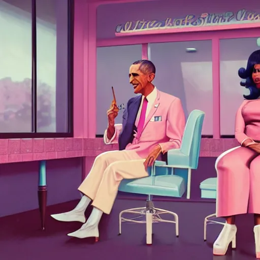 Image similar to 1 9 6 0 s illustration portrait of nicki minaj sitting next to barack obama in a barbershop. cinematic scene. ambient lighting, pastel earth colors, hyper detailed. octane render. concept art. trending on artstation.