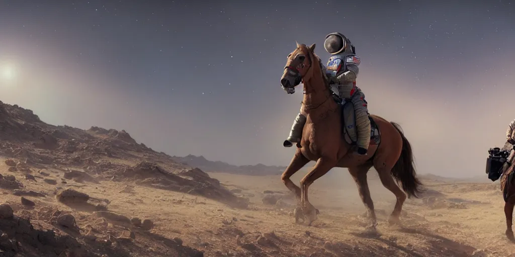 Prompt: american astronaut, riding a horse (((in socotra island))), plants environment, wide angle, cinematic lighting, atmospheric, realistic, octane render, highly detailed, color graded, in the style of craig mullins